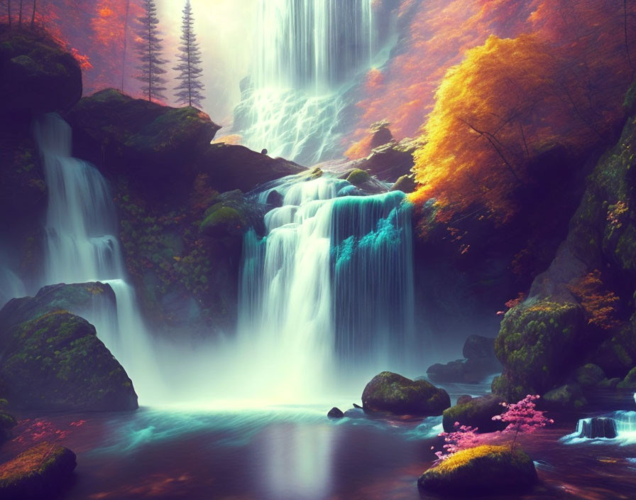 Autumn waterfall surrounded by vibrant foliage and mist