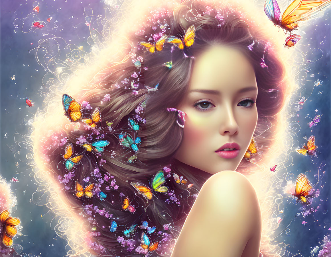 Digital artwork: Woman with butterflies in flowing hair on surreal blue and pink background