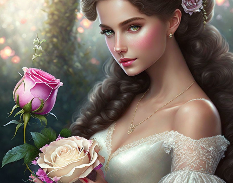 Illustration of woman with wavy hair holding rose in mystical forest.