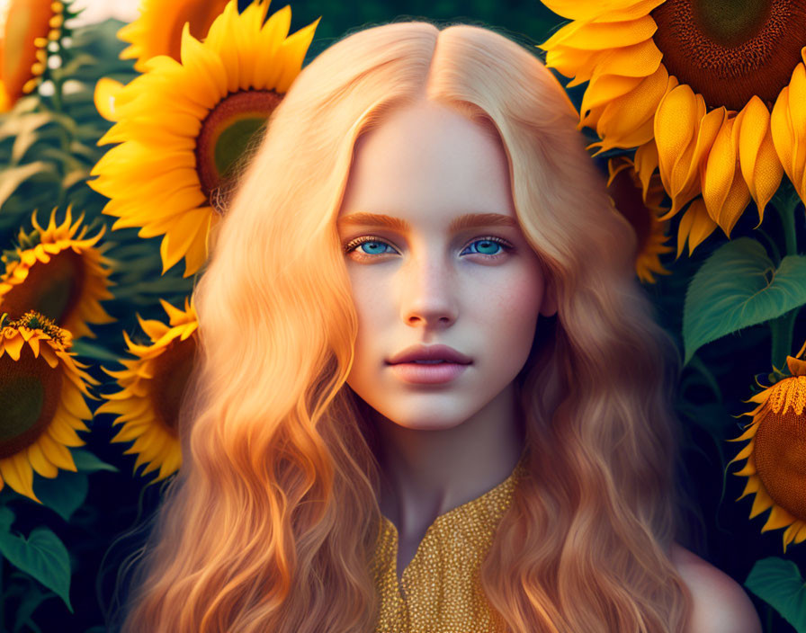 Blonde Woman with Blue Eyes in Sunflower Field