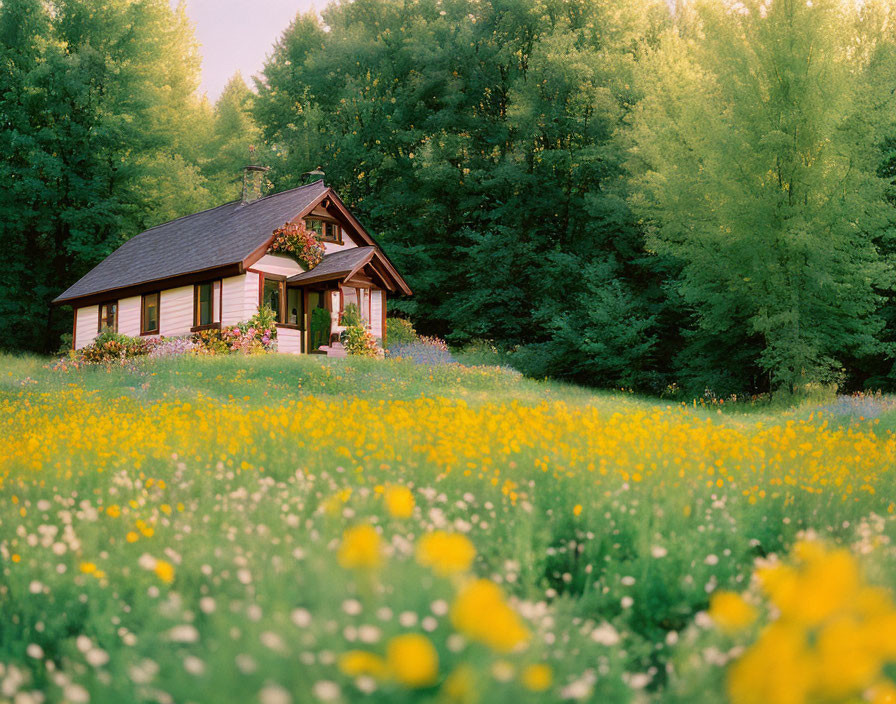 Quaint cottage surrounded by lush greenery and yellow wildflowers