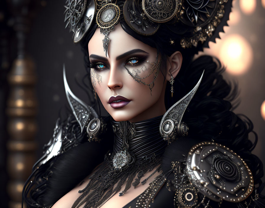 Detailed Portrait of Woman with Elaborate Gothic Jewelry and Dark Makeup