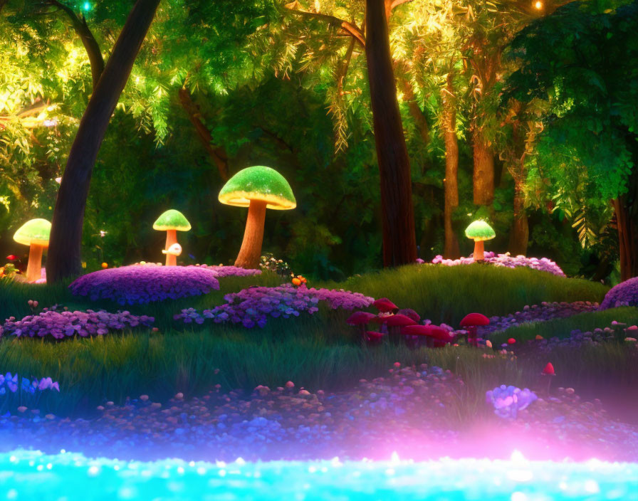 Enchanting forest glade with glowing mushrooms and vibrant flowers