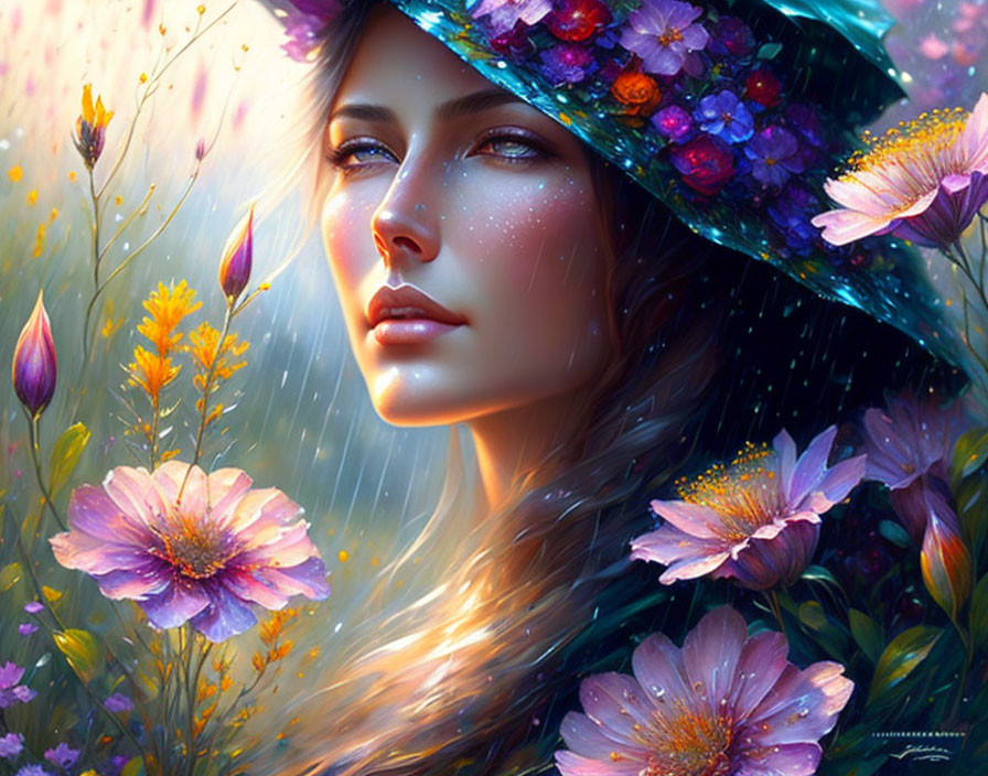 Woman with Floral Hat Surrounded by Vibrant Flowers in Sparkling Rain