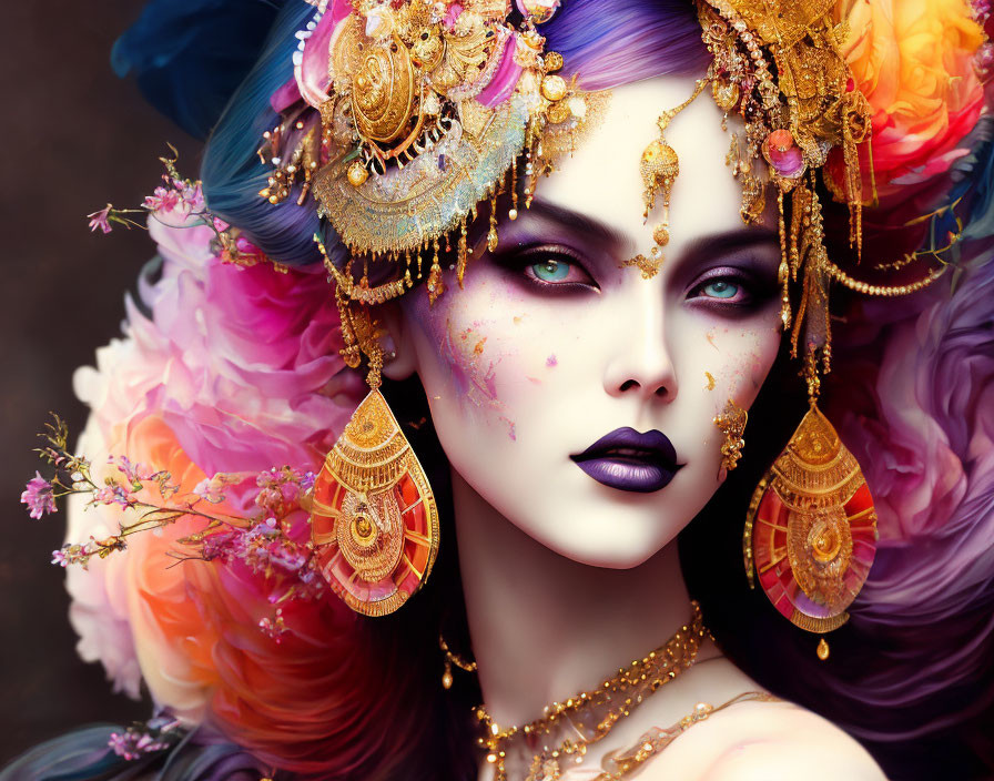 Fantasy Portrait of Woman with Gold Jewelry, Floral Headdress, Purple Makeup