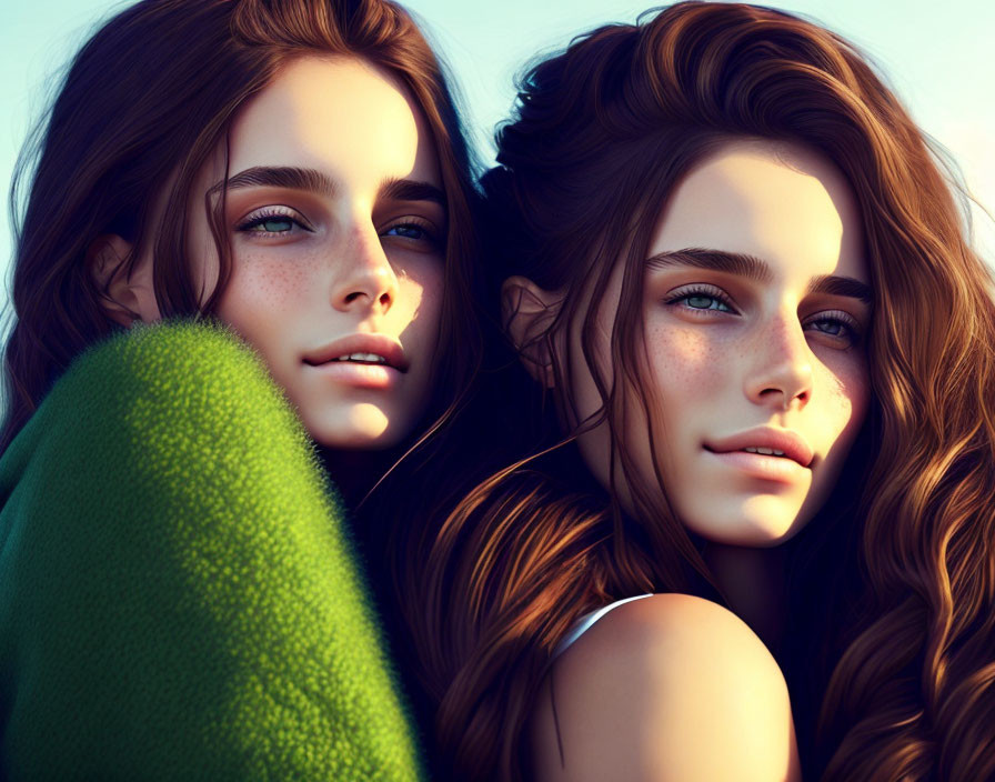 Twin women with wavy brown hair and green eyes embracing gaze.