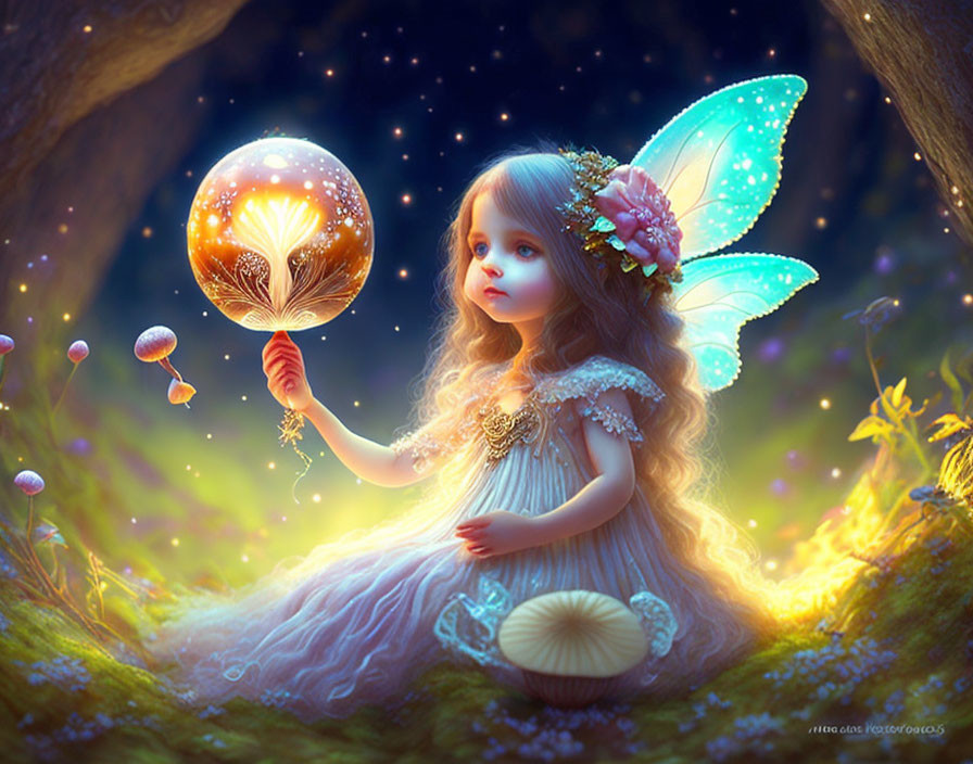 Illustration: Young fairy enchanted by glowing orb in magical forest