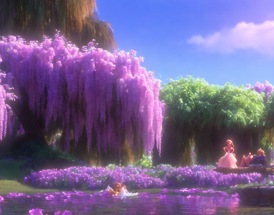 Vibrant purple wisteria blooms in sunlit pond scene