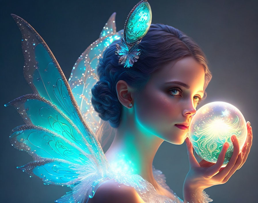 Luminous fairy with translucent wings and glowing orb illustration