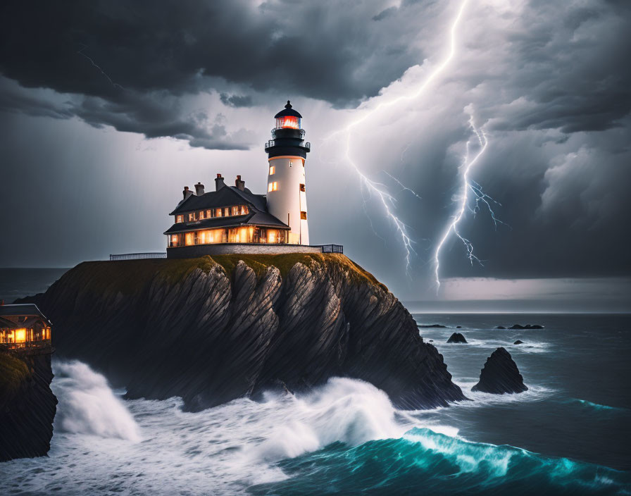 Lighthouse on craggy cliff in stormy night with lightning and crashing waves