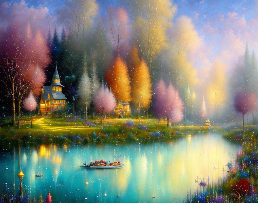 Tranquil painting of serene lake, colorful forest, quaint cottage, and floating boat.