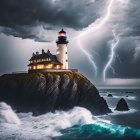 Surreal landscape: house on cliff, turbulent seas, swirling clouds