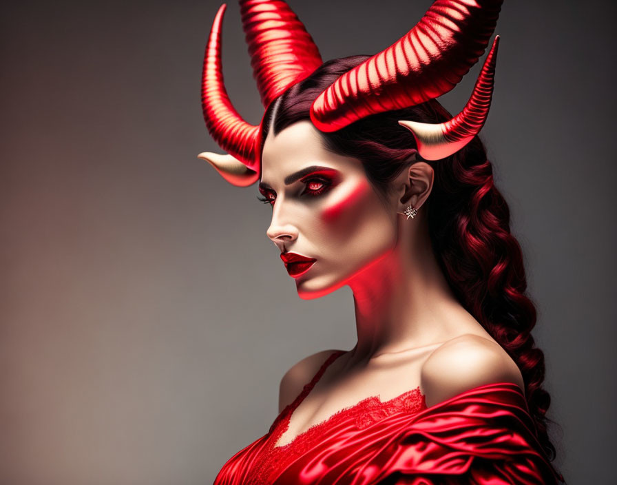 Woman with red makeup and horns gazes intensely on gray background