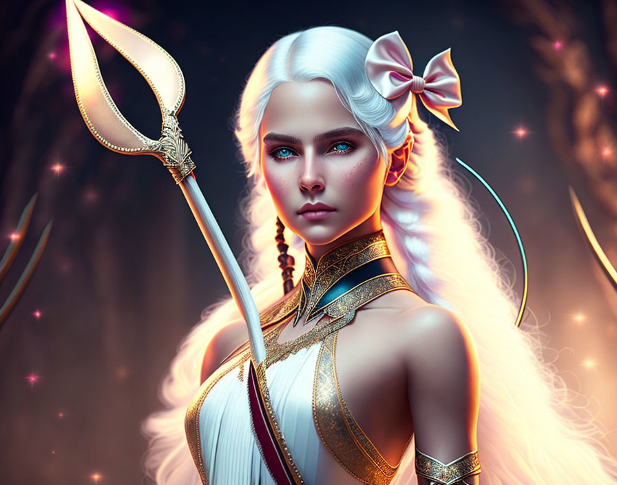 Fantasy female character with platinum blonde hair and golden spear in elegant armor