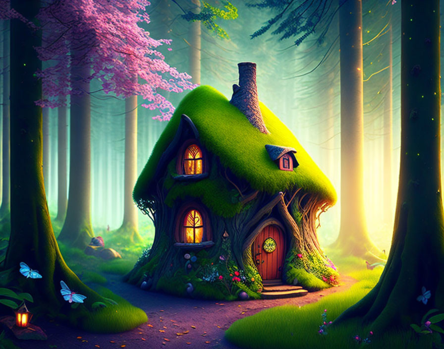 Enchanted forest scene with whimsical fairy tale cottage