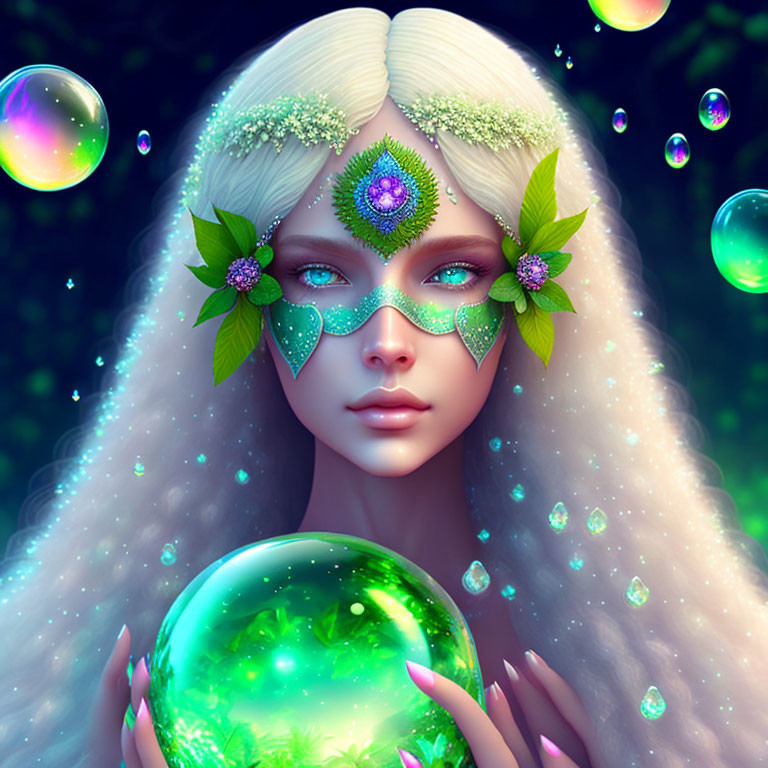 Fantastical image of woman with white hair, peacock mask, holding green orb