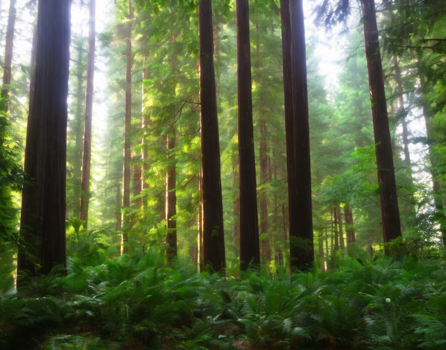 Forest scene: Sunlight through mist, tall trees, lush ferns