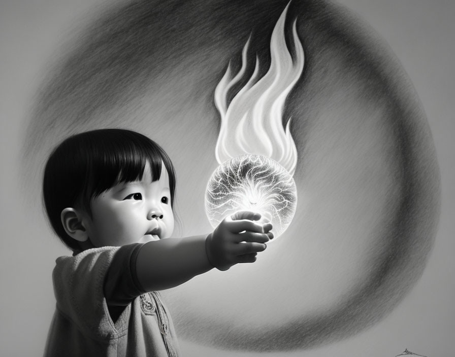 Child holding floating luminous orb with fiery flame - Enchanting Scene