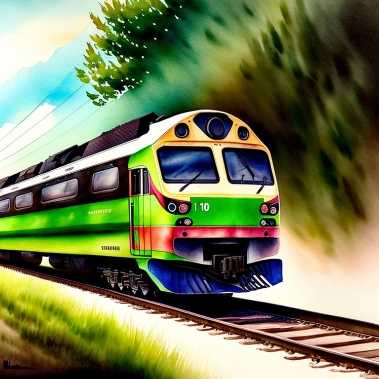 Colorful Watercolor Painting of Green and Yellow Train Engine