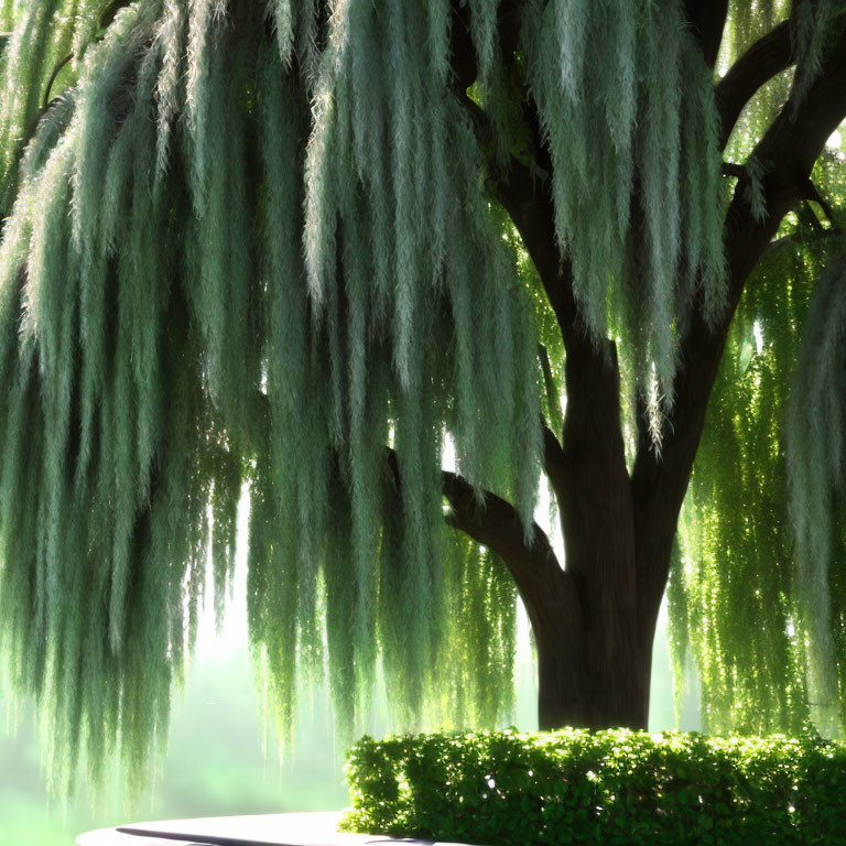 Sunlit weeping willow tree with cascading branches.