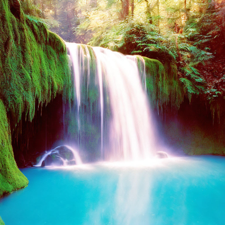 Serene Waterfall Cascading into Turquoise Pool Amid Lush Greenery