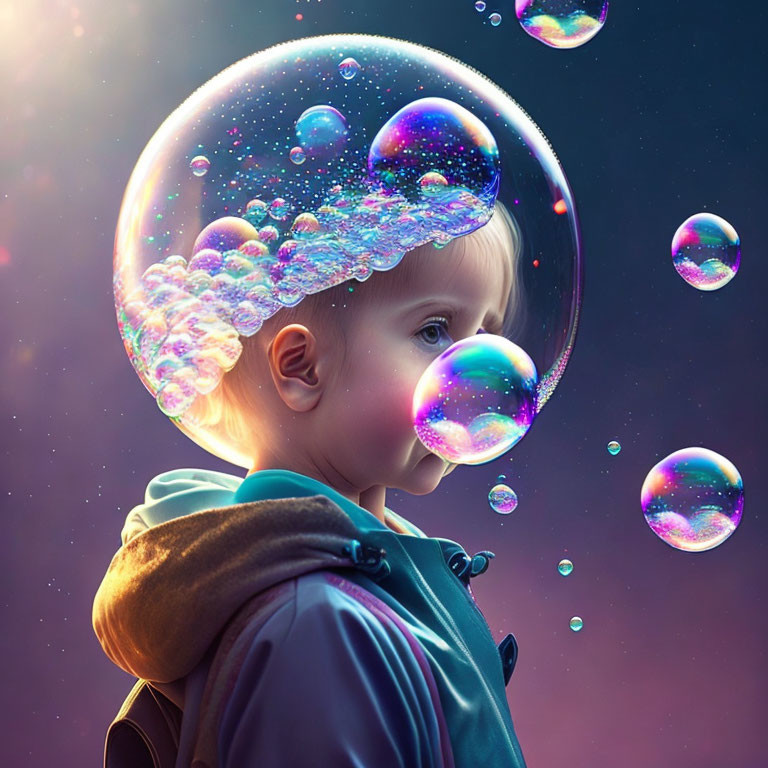 Child with iridescent bubble helmet in twilight sky scene