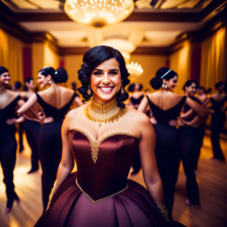 Elegant woman in brown ball gown among mirrored backdrop of opulent hall