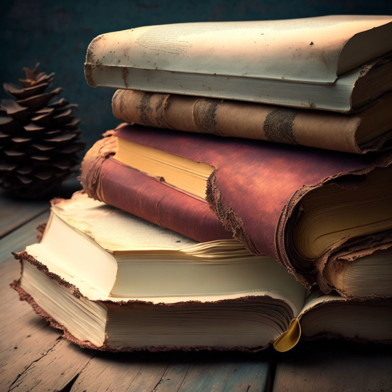 Vintage Books Stack on Wooden Table with Pine Cone in Warm Lighting