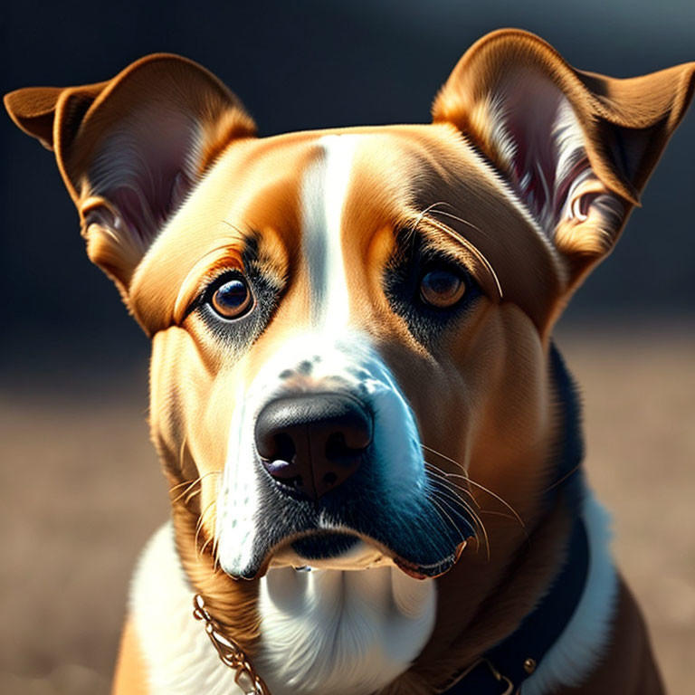 Brown and white dog with chain collar and intense gaze