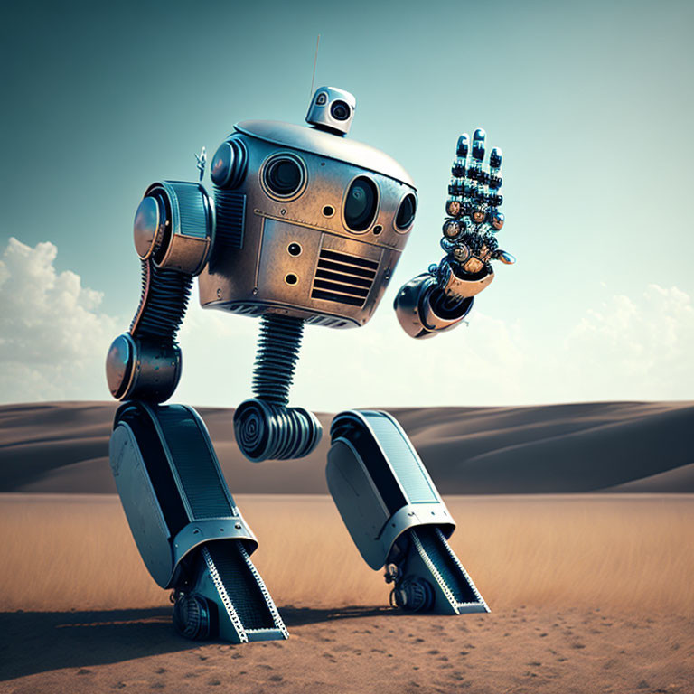 Retro-styled robot with boxy body and spring-loaded legs in desert landscape