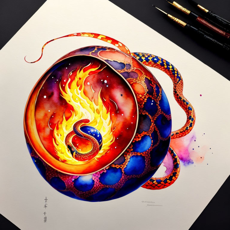 Colorful Phoenix Painting with Snake Design on Dark Background