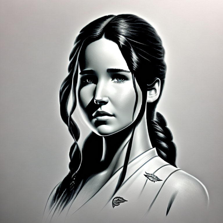 Monochrome digital portrait of a woman with long braided hair