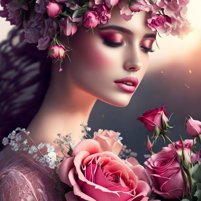 Woman portrait with floral wreath and pink roses in serene setting