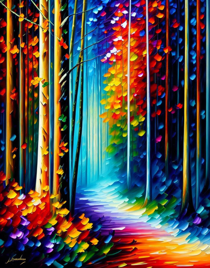 Colorful forest painting with whimsical path and tall tree trunks