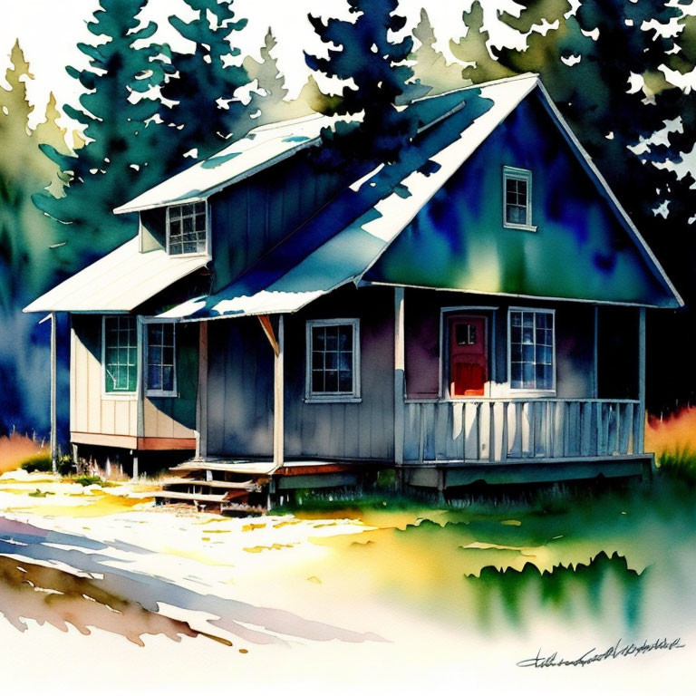 Vibrant Watercolor Painting of Rural House in Blue and Green Hues