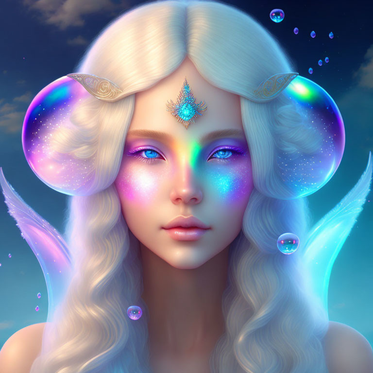 Fantasy portrait of woman with multicolored skin and elf ears against blue sky.