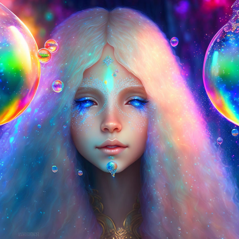 Fantasy portrait of female character with fair hair, closed eyes, vibrant bubbles, and intricate facial markings