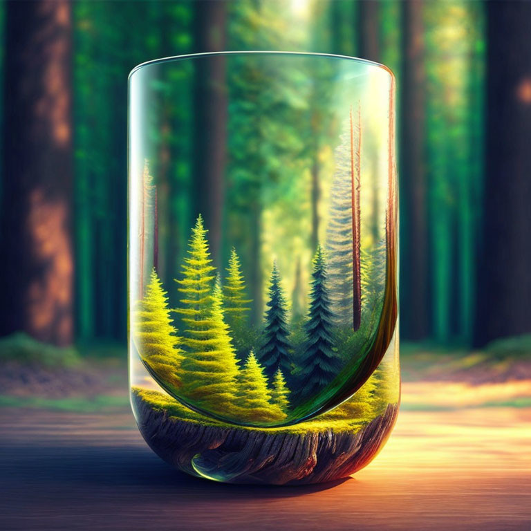 Transparent glass with forest landscape inside, blending trees on wooden surface