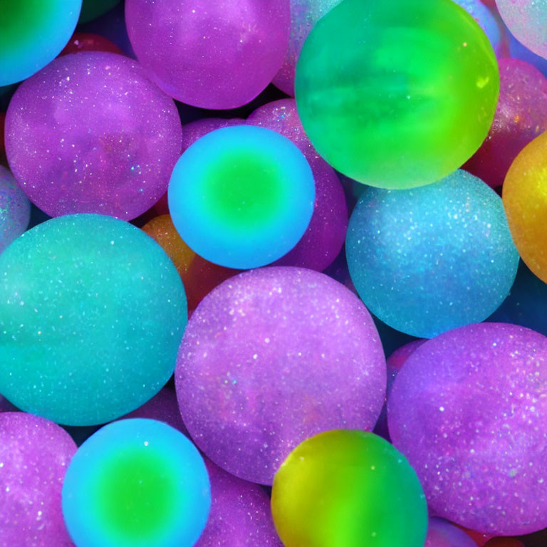 Vibrant Purple, Blue, and Green Orbs Resembling Marbles or Planets