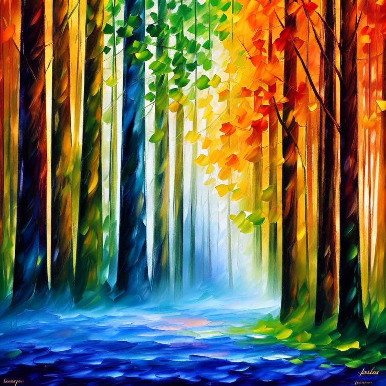 Colorful Forest Painting with Sunlit Clearing