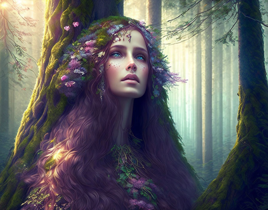 Woman with long wavy hair and flowers in ethereal forest.