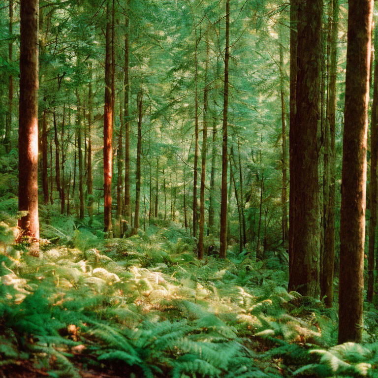 Forest scene: Sunlight filtering through dense trees, illuminating ferns and textured bark.