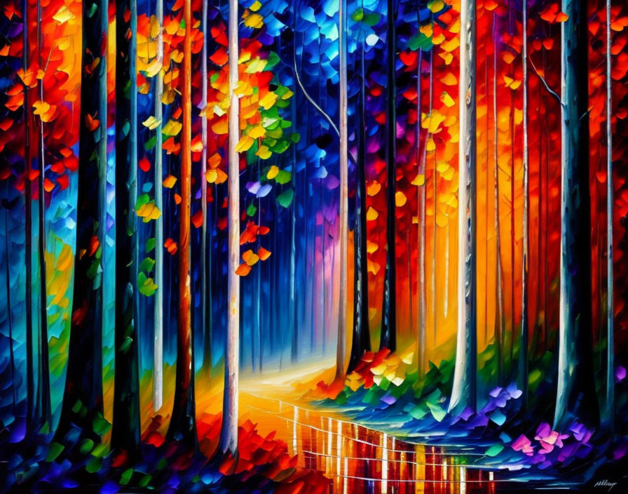 Colorful forest painting: red, blue, and orange trees on shiny path