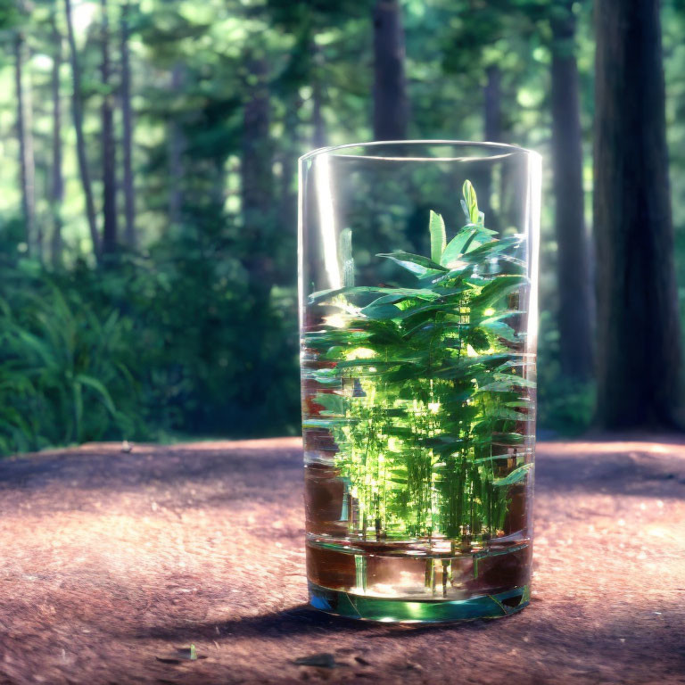 Clear water glass with green leaves on wooden surface in forest setting