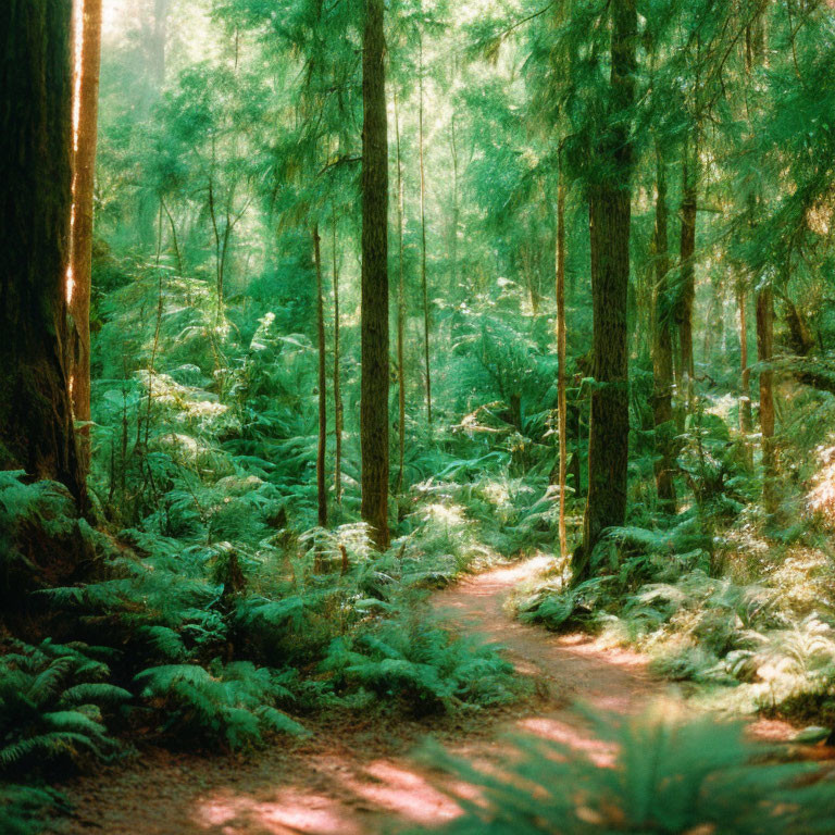 Lush forest with tall trees and green ferns under sunlight