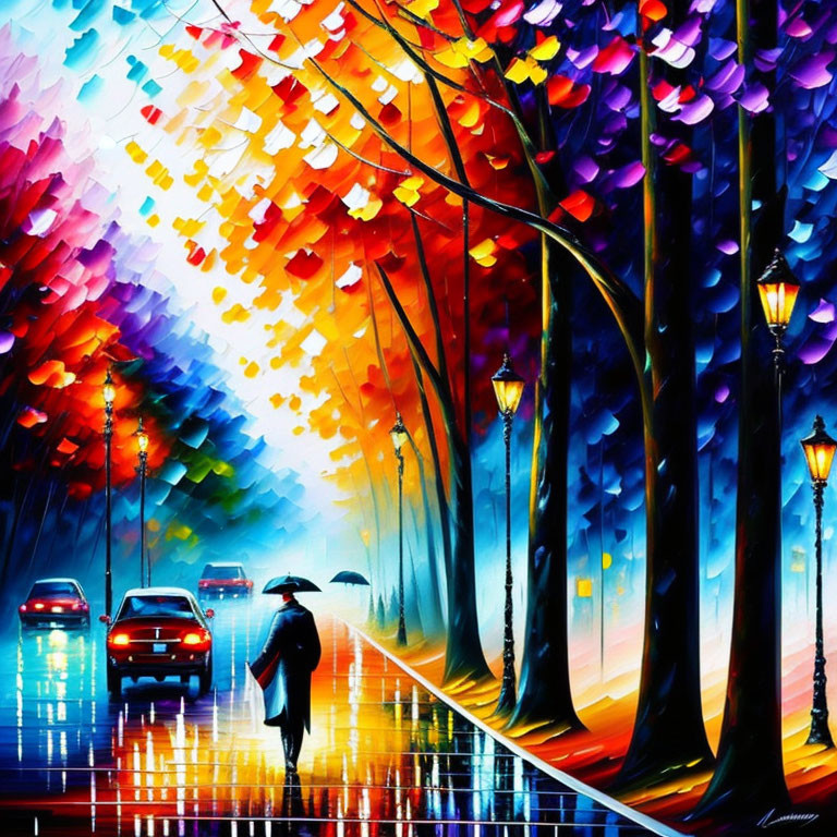 Colorful Rainy Street Painting with Trees, Lampposts, and Figures