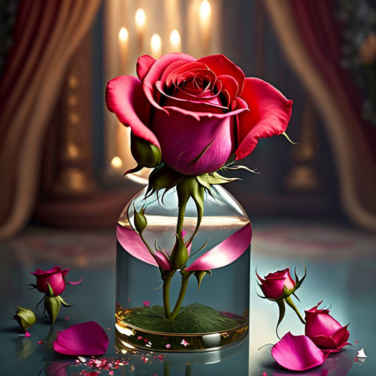 Red rose in glass vase with candlelit backdrop