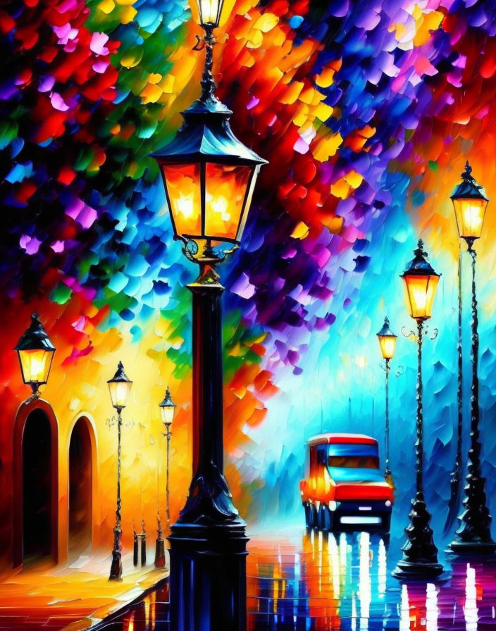 Colorful painting: Glowing lampposts, red bus on rainy street