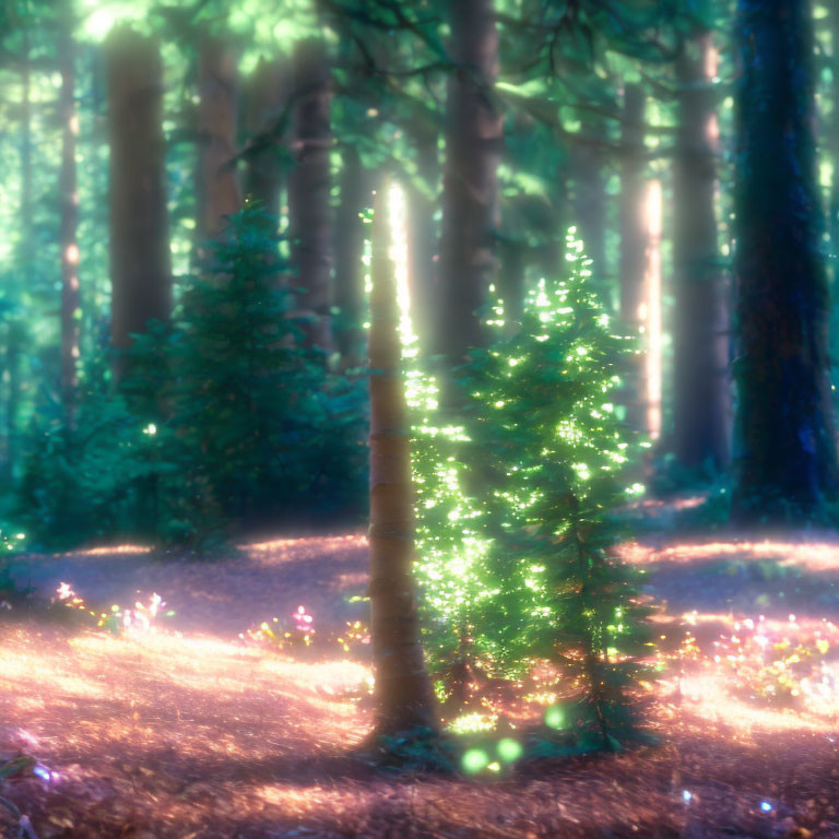 Magical forest clearing with sparkling lights and sunbeams