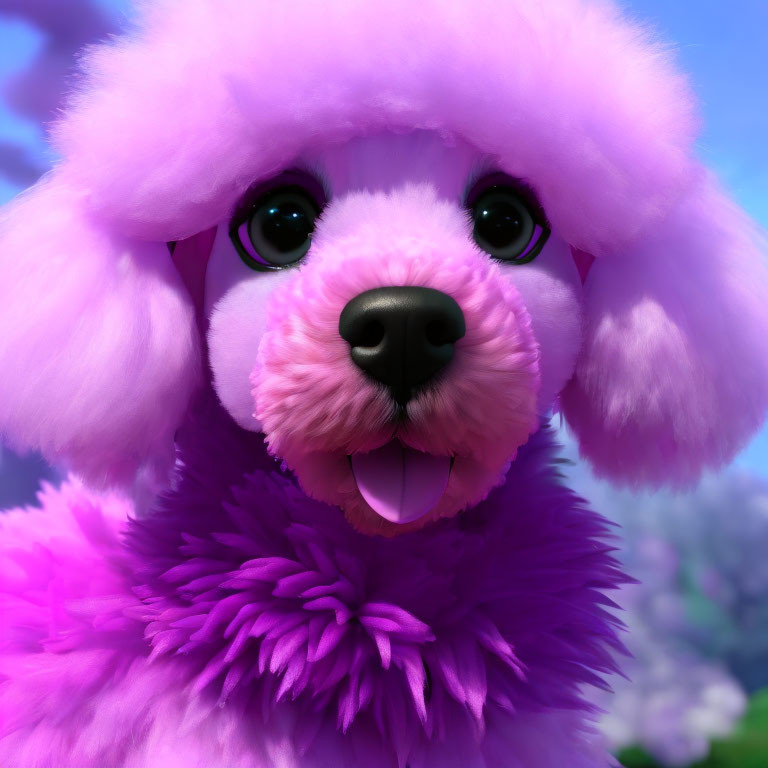 Fluffy Purple Cartoon Puppy with Big Black Eyes